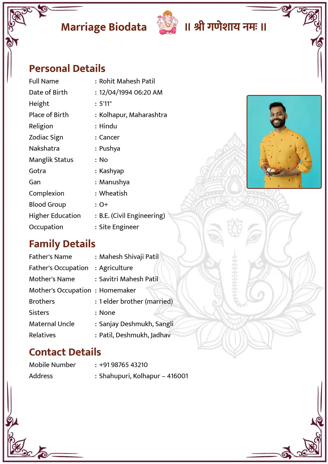 Abstract Ganesha biodata template